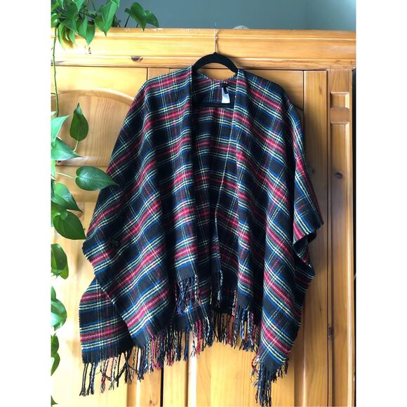 Talbots Tartan Plaid Open Front Ruana Wrap Cape Shawl Fringe M/L - Picture 2 of 13